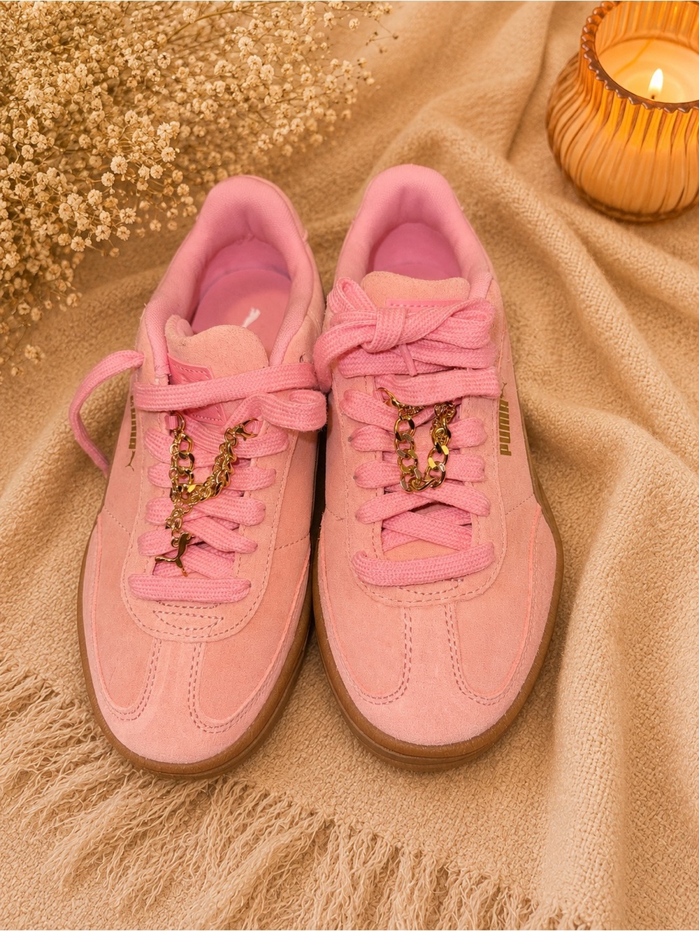 Puma Pink Suede Platform Women's Sneakers with Gold Chain Detail